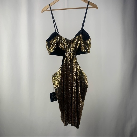 NWT Lulus Lustrous and Luxe Sequin Cutout Bodycon Mini Dress in Gold Size XL - Picture 5 of 7